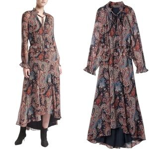 Banana Republic x Olivia Palermo 100% Silk Hi Low Hem Paisley Dress Black Sz XS